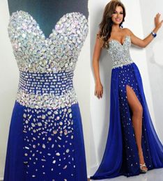 Bling Royal Blue Prom Dresses Real Pictures Sweetheart Crystal Evening Gowns High Slit New Beaded Vestidos Diamonds Formal Gowns2047385