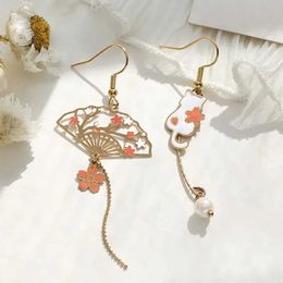 Dangle Chandelier Chinese Style Folding Fan Crane Carp Lotus Asymmetrical Long Tassel Dangle National Style Earrings for Women Jewelry Gift