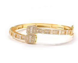 14K Gold Men Ladies Cubic Zirconia Diamond Baguette Square Bangle Bracelet Opening Size Hiphop Jewelry5406444