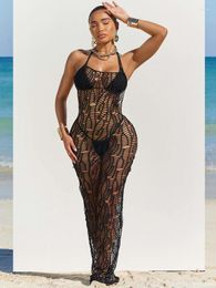 Casual Dresses Summer Hollow Out Beach Dress Three Piece Sets Women Sexy Halter Bikini And Slim Long 2024 Fashion Cover Up Beachwear