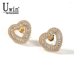 Stud Earrings UWIN Hollow Heart Iced Out Baguette Cubic Zirconia Men Women Earring Fashion Personalise Hiphop Jewelry Gifts