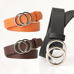 Belts Women Fashion Big Double Ring Circle Metal Buckle Belt Wild Waistband Ladies Wide Leather Straps For Leisure Dress JeansBelts 219E