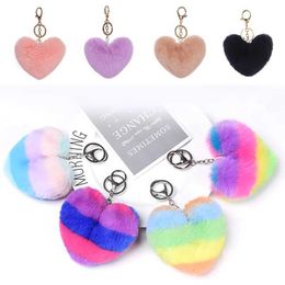 Keychains Lanyards Heart shaped fluffy keychain rainbow multi-color Pom pom keychain womens handbag car keyring handmade accessories keychain pendant D J240509