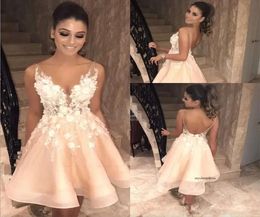 Sexy V Neck Lace Homecoming 2023 Tulle High Low Applique ALine Backless Knee Length Short Prom Dresses Vestidos De 0509