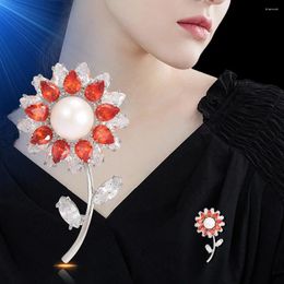 Brooches Luxury Temperament Micro Set Zircon Sunflower Brooch Women's Fashion Natural Freshwater Pearl Crystal Pin Clothing Accessories