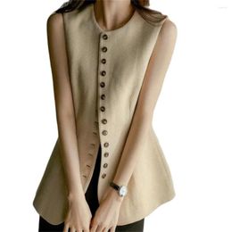Women's Vests Vintage Women 2024 Spring Single Breasted O Neck Sleeveless Outerwear Jackets Streetwear Elegant Beige Ladies Waistcoat