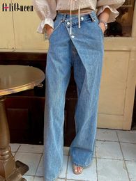 Women's Jeans Korean Retro High Waist Loose Irregular Buckle Design Denim Pants Fashion Women Blue Wide Leg Full Length Streetwear