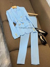 Womens Two Piece Pants Women Elegant Work Blazer Suit Noted Double Breasted Jacket Coat Top And Pant Set Matching Outfit Office Lady