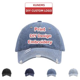 KUNEMS Custom Embroidery Print Brand Washed Cotton Baseball Cap for Men and Women Design Summer Denim Sun Hat Unisex 240426