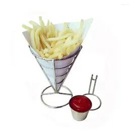 Kitchen Storage Fries Serving Tray Stainless Steel Holder Basket With Sauce Dipper Stand For Snacks Appetizers Chips Chip Restaurant
