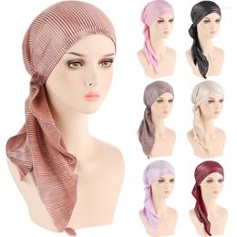 Ethnic Clothing Muslim Women Solid Colour Pre-Tied Hijabs Hats Turban Head Scarf Chemo Cancer Cap Hair Loss Hat Long Tail Bonnet Wrap