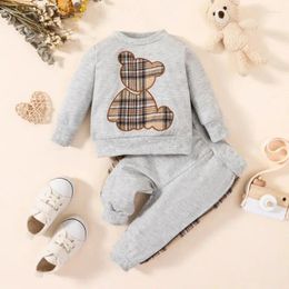 Clothing Sets Baby Boy Summer Plaid Teddy Bear Patch Embroidered Long Sleeved Top And Pants Fashion Set