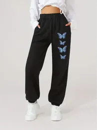 Women's Pants 2024 Summer Casual Sports Fashionable Colorful Butterfly Print Pattern Personalized Drawstring