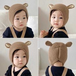 Caps Hats 0-2 year baby hat autumn and winter ear rabbit knitted childrens hat baby hat cute wool hat baby accessories newborn d240525