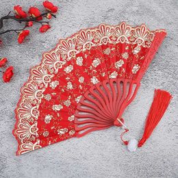 Chinese Style Products Art Craft Bamboo Lace Fan Gift Chinese Style Folding Fan Hand Gold Powder Plastic Fan Dance Wedding Party Folding Fan Handheld
