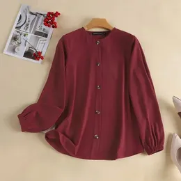 Women's Blouses Casual Blouse Women Office Wear Top Button Down Round Neck Spring Fall Shirt With Elastic Cuff Mid Length For Loose