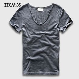 Men Basic T-Shirt Solid Cotton V Neck Slim Fit Male Fashion T Shirts Short Sleeve Top Tees Brand 240430
