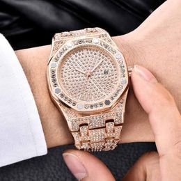 Wristwatches Drop Diamond Iced Out Watch Men HIP HOP Quartz Gold Mens Watches Top Steel Male Clock Relogio Masculino 224g