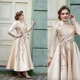 Muslim Mother of the Bride Dresses Champagne High Neck A Line Wedding Guest Gowns Lace Appliques Crystal Beads Ankle Length Elegant Formal Dress Long Sleeves 0509