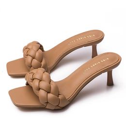 Sexy Women Slippers Outdoor High Heels Luxury Weave Heeled Sandals Open Toe Elegant Mules Ladies Summer Flip Flop Party Shoes 240507
