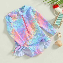 One-Pieces Baby Girl Fish Scale Print Swimsuit 1Piece Long Sleeve Swimwear Floral Zipper Ruffle Toddler Bathing Suit Beach Outfit H240508