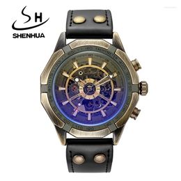 Wristwatches SHENHUA Fashion Mechanical Steampunk Design Men Watch Top Vintage Bronze Automatic Skeleton