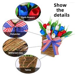 Decorative Flowers Silk Rattan Garland Front Door Tulip Wreath Patriotic With White Blue Bowknot For Independence July