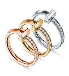 100% Silver 1:1T Type Couple Cubic Zirconia Narrow Version Unisex Simple Couple Ring Luxury Brand Jewellery Wholesale3409116