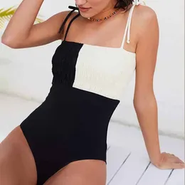 Women's Swimwear Black And White Colorblock Suspender Swimsuit Retro Square Neck String Strap Bikini One-Piece Sexy Slim 2024