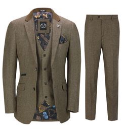 Mens 3 Piece Herringbone Tweed Suit in Brown Retro Peaky Blinders Style Fitted Man SuitsJacketPantsvest 7220648