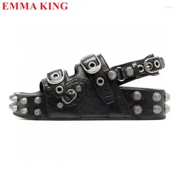 Sandals Summer Black Punk Rivet Women 2024 Fashion Buckle Strap Gothic Shoes Thick Sole Platform Flats Outside Casual