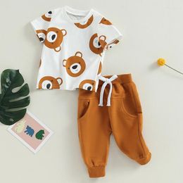 Clothing Sets 2Pcs Baby Boy Summer Outfits Short Sleeve Bear Print Tops Solid Colour Pants Set Toddler Clothes