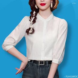 Women's Blouses Retro Cotton Blends Embroidery Tops 2024 Women FLHJLWOC Design Vintage Korea Japan Style Office Lady Button White Shirt