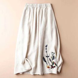 Skirts MEXZT Retro Cotton Linen Leather Womens Summer High Waist Embroidered Print A-line Midi Leather Fashion Solid Loose Casual LeatherL2405