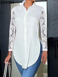 Women's Blouses VONDA 2024 Fashion Women Elegant Shirts Summer Long Sleeve Lace Tops Asymmetrical Office Blouse Lapel Casual Solid Blusas