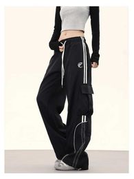 Women's Pants Capris HOUZHOU Y2K Black Cargo Parachute Pants Women Hip Hop Vintage Oversize Red Striped Track Sweatpants Baggy Wide Leg Trousers Y240509