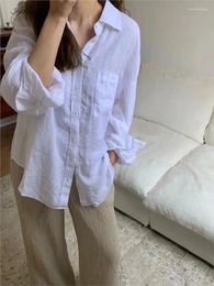 Women's Blouses Casual Solid White Cotton Women Blouse Simple Fashion Button Lapel Lady Shirts Female Pocket Loose Basic Long Sleeve Top