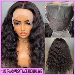 Malaysian Peruvian Brazilian Natural Black Deep Body Wave 13x6 Transparent Lace Frontal Wig 16 Inch 100% Virgin Remy Human Hair On Sale