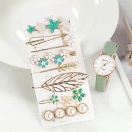 Wristwatches Ladies Simple Leather Quartz & Hair Clips Set For Women Watch Fashion Jewelry Leaf Hairpin Dress Clock Montre Femme