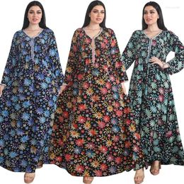 Ethnic Clothing Evening Party Large Size Dresses For Women Hand-pressed Diamond Muslim Fashion Printed Flower Maxi Dress Kaftan Femme