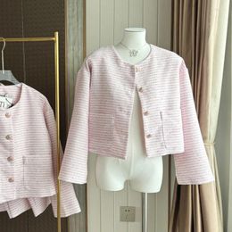 Women's Jackets Pink Striped Small Fragrance Casual Coat Women Spring Gentle Fashion Loose Sweet Wild French Tweed Long Sleeve Female