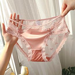 Women's Panties 1pc Sweet Lace Trim Bow Briefs Women Satin Ultra-thin Mesh Japanese Style Lolita Translucent Tulle Underwear Soft Smooth