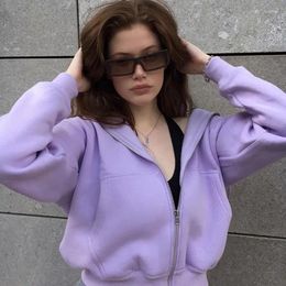 Women's Hoodies 2024 Fall Casual Women Pockets Cropped Zip Up Fleece Purple Korean Winter Jacket Hoodie Basic Harajuku Clothes Outwear