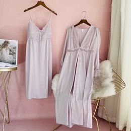 Women's Robe Women Lounge Wear Kimono Bathrobe Gown Satin Long Nightgown 2PCS Nighty Robe Suit Lace Patchwork Sleepwear Spring New Lingerie