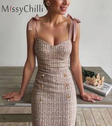 MissyChilli Tweed office wear lace up pink dress Elegant buttons bodycon summer women dress Sexy strapless party short dress T20078751683