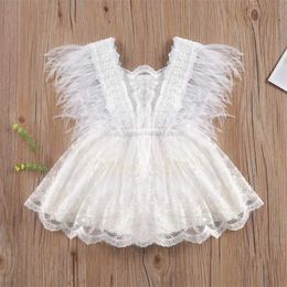 Rompers Infant Baby Girls Romper Princess Lace Embroidery Romper Dress Baby Feathers Fly Sleeve Backless White Jumpsuit Summer Romper H240508