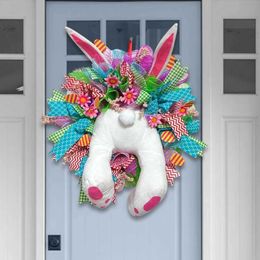 Decorative Flowers Wreaths 19.7 Inch Bunny Wreath Easter Festival Ornament Easter Wreath with Pastel Eggs for Home Front Door Spring Colourful Flowers Decor