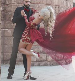 Black Girl Short Prom Dresses 2016 Wine Red Crew Neckline with Illusion Long Sleeves and Flying Tulle Skirt Couples Fashion6628644