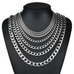 Chains 3-11mm Mens Curb Chain Necklace Silver Color Stainless Steel Curb Cuban Link Long Chain for Unisex Men Punk Classic Jewelry d240509