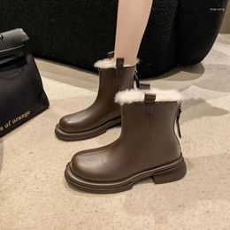 Boots Winter For Women 2024 Warm Fleece Thick-soled Korean Style Women's Fashion Solid Colour Back Zipper Ankle